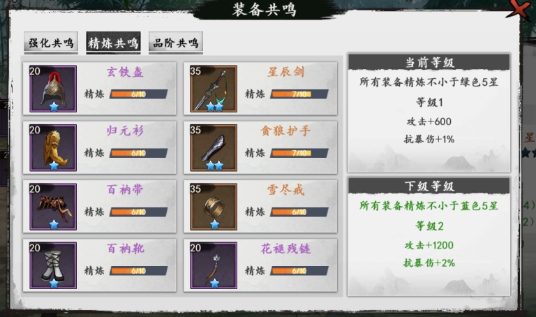 如图，我这套装备为啥没产生精炼共鸣？