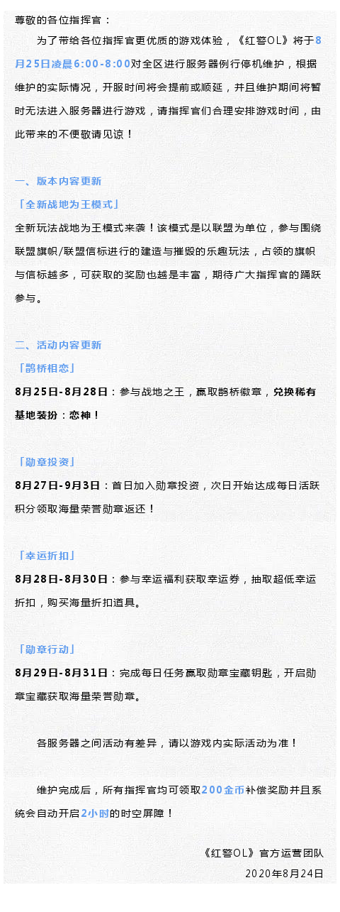 8月25日6:00-8:00凌晨停服更新公告