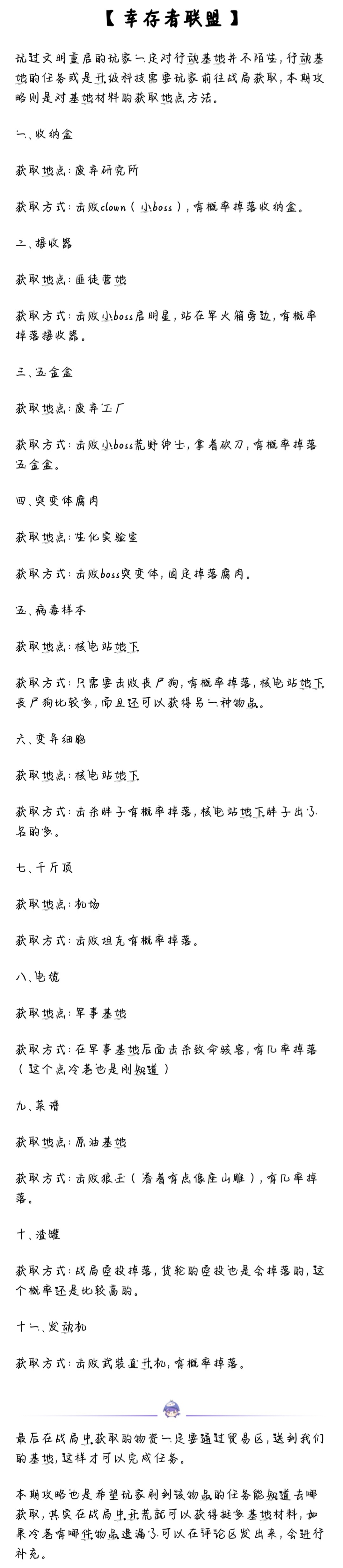 【幸存者联盟】文明重启基地材料获取